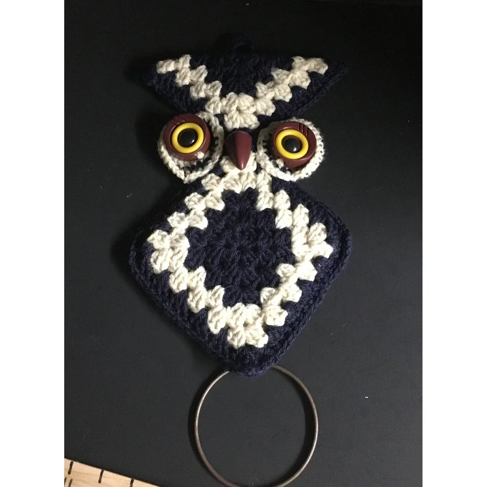 Vintage Crochet Navy‎ White Brown 70s Owl Wall Hanging Towel Holder Boho MCM